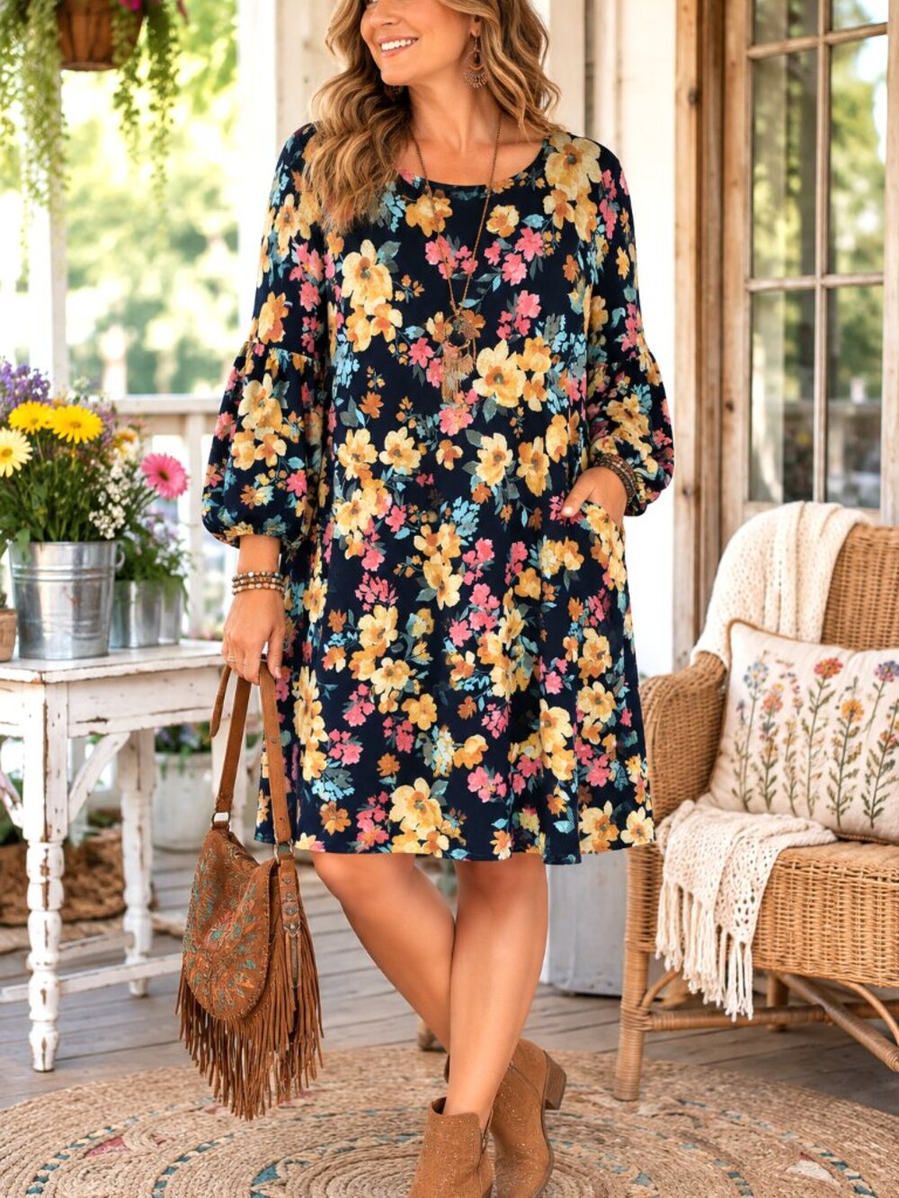 As U Wish A-Line Dress Light Sweater Fabric Balloon Sleeves Multifloral Size 1X